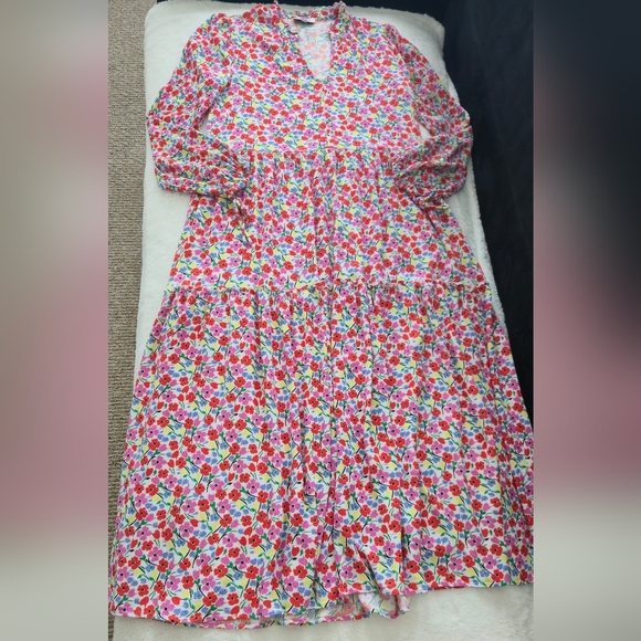 Anthropologie Fresha London Pink Floral Midi Dress with V-Neck - Picture 8 of 14